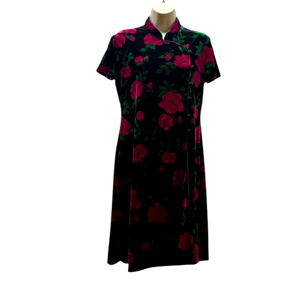 Maggy London Floral Rose Printed Velvet Midi Thai Asian Japanese A Line Dress - Picture 1 of 6